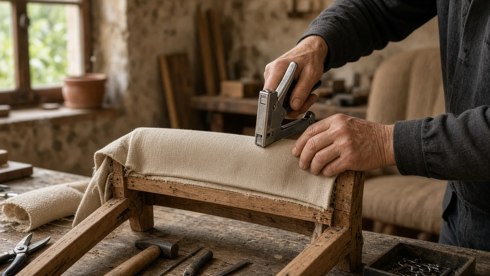 Le mani di un tappezziere al lavoro su una poltrona