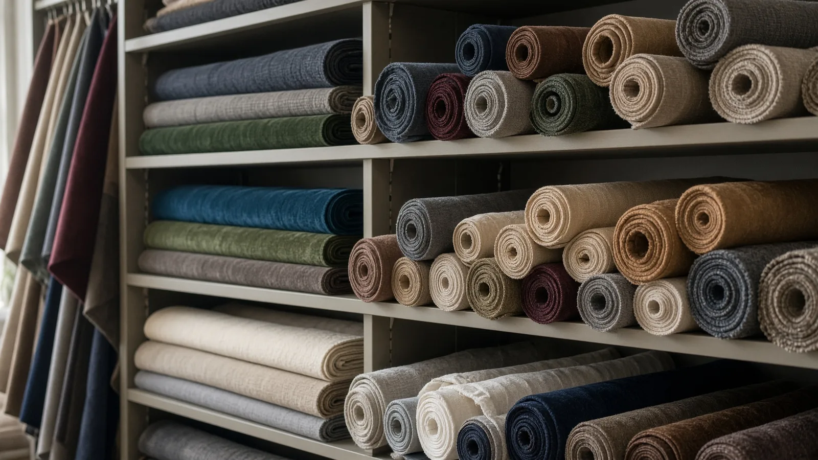 Scaffali con rotoli di tessuti per rivestimenti in molti colori